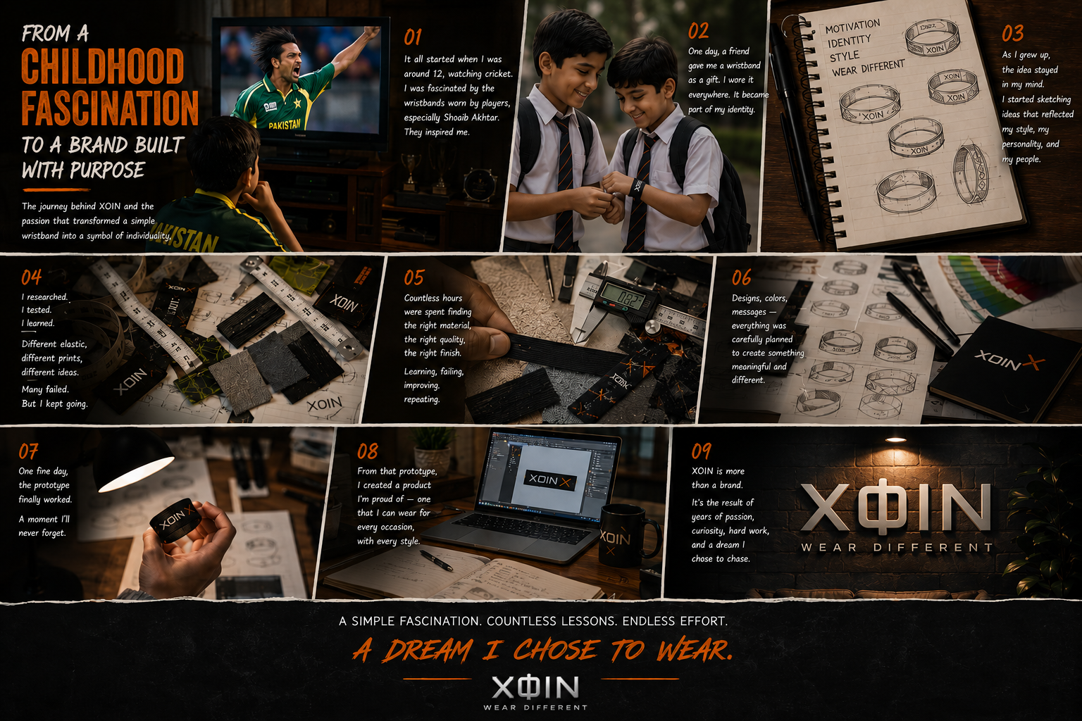 # The Story Behind XOIN XOIN started with a simple childhood fascination. When I was around 12 years old, I loved watching cricket. While most people focused on the match, I found myself fascinated by something else—the wristbands worn by players. Fast bowlers like Shoaib Akhtar often wore them while bowling, and I thought they looked amazing. One day, a friend gifted me a wristband. It quickly became something I wore almost everywhere—at school, while playing sports, and even during everyday outings. It wasn't just an accessory anymore; it became part of who I was. As the years passed, that fascination never disappeared. Whenever I searched local markets for wristbands, I struggled to find designs that truly matched my personality or reflected the style I wanted to wear. Most options felt generic and lacked character. That's when a simple idea stayed in my mind: "What if I create the wristbands I always wanted to wear?" Years later, I decided to turn that idea into reality. I spent countless hours researching materials, studying manufacturing techniques, exploring printing methods, and learning what makes a product truly premium. I tested different polyester woven elastic fabrics, experimented with designs, and learned through trial and error. Many samples didn't work out, but every setback taught me something valuable. Eventually, I created a prototype that felt right. That moment marked the beginning of XOIN. Today, XOIN represents more than just wristbands. It represents self-expression, individuality, confidence, and the belief that what you wear should reflect who you are. Every design is created with purpose, inspired by the people who wear it and the stories they carry. XOIN isn't just a brand. It's the result of years of passion, curiosity, learning, and determination. And for me, it will always be more than a business. It's a dream I chose to wear. **Wear Different.**