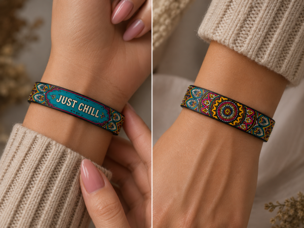 Lady wearing Xoin Just Chill wristband