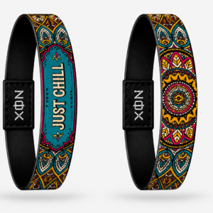 XOIN Just Chill Premium Wristband featuring colorful mandala artwork and positive lifestyle design