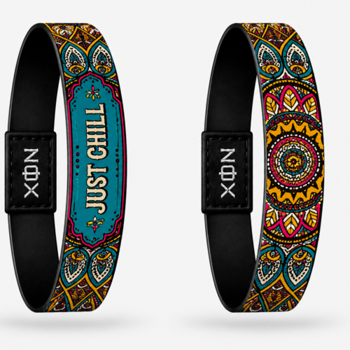 XOIN Just Chill Premium Wristband featuring colorful mandala artwork and positive lifestyle design