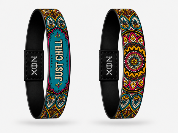XOIN Just Chill Premium Wristband featuring colorful mandala artwork and positive lifestyle design
