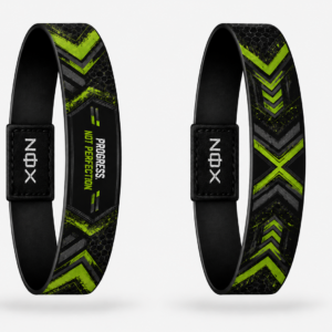 XOIN Progress Not Perfection Premium Wristband featuring black and neon green motivational design
