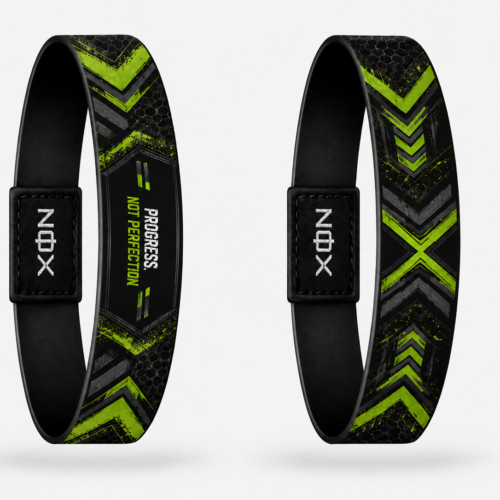 XOIN Progress Not Perfection Premium Wristband featuring black and neon green motivational design