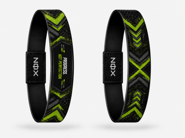 XOIN Progress Not Perfection Premium Wristband featuring black and neon green motivational design