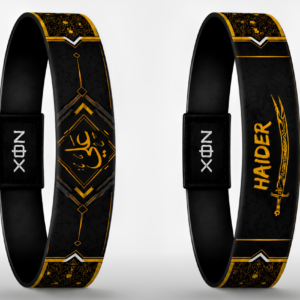 XOIN Haider Premium Wristband featuring black and gold artwork with Arabic calligraphy