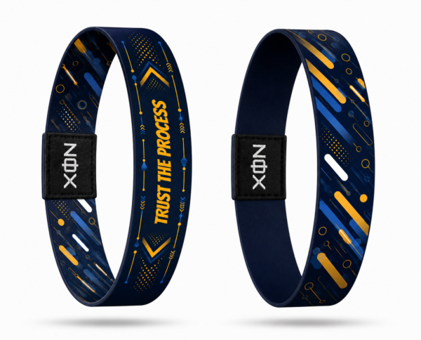 XOIN Trust The Process Premium Wristband featuring blue and gold motivational design